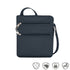 Navy crossbody bag with two front horizontal zippers with silver pull tabs.