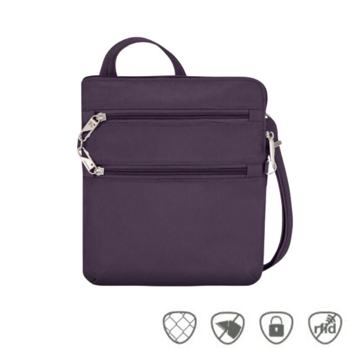 Purple crossbody bag with two front horizontal zippers with silver pull tabs.