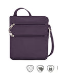 Purple crossbody bag with two front horizontal zippers with silver pull tabs.