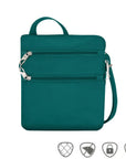 Teal crossbody bag with two front horizontal zippers with silver pull tabs.