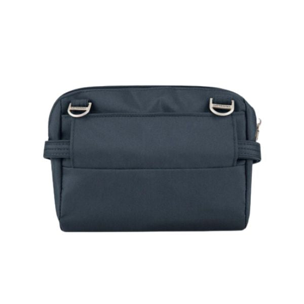 Back view of navy Travelon bag with strap.
