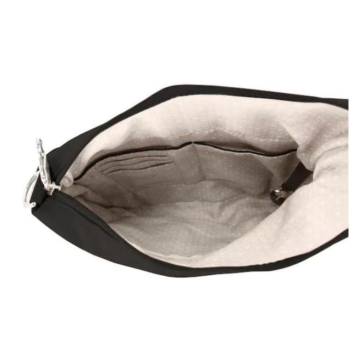 Interior of black Travelon Anti-Theft 3 Compartment Crossbody with RFID-blocking slots and spacious compartments for organized travel.