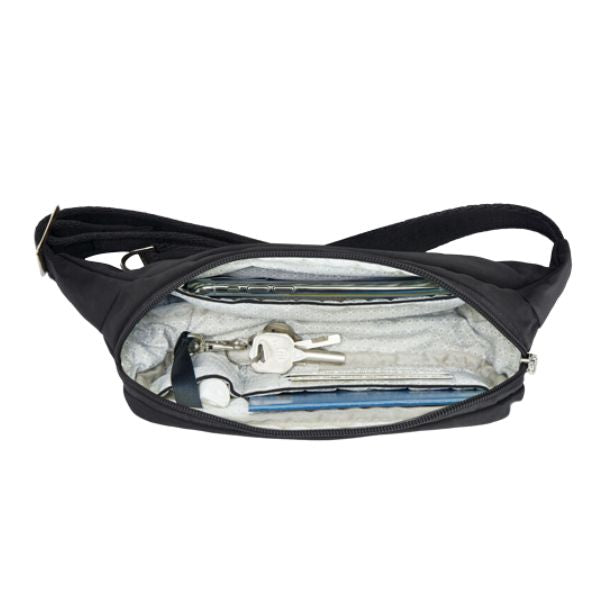 Open view of black Travelon belt bag with phone, passport and keys.
