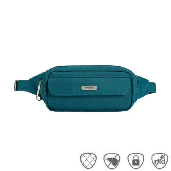 Teal belt bag with with flap front pocket with silver Travelon logo on center.