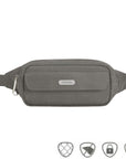 Light grey belt bag with with flap front pocket with silver Travelon logo on center.