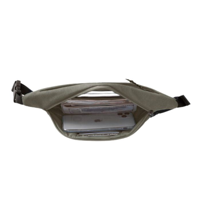 Inside view of grey fanny pack holding money and a cell phone.