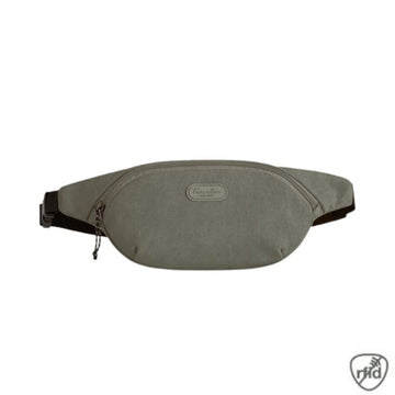 Grey fanny pack with zippered closure and Travelon emblem on front.