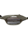 Inside view of grey fanny pack holding money and a cell phone.