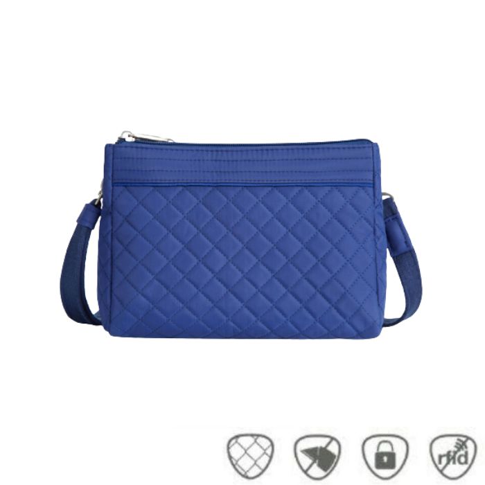 Blue quilted crossbody bag. Anti-theft symbols on bottom.