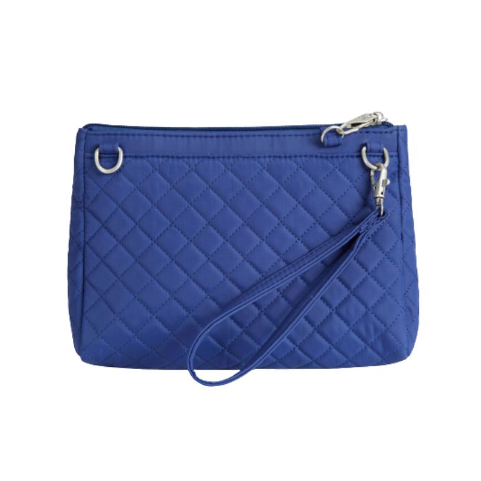 Blue quilted crossbody bag. Bag has removable wristlet strap.