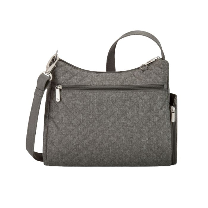 Grey quilted crossbody bag with horizontal zipper.
