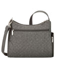 Grey quilted crossbody bag with horizontal zipper.