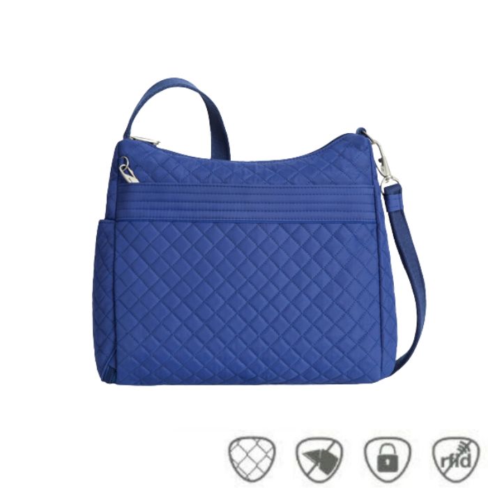 Blue quilted crossbody bag. 