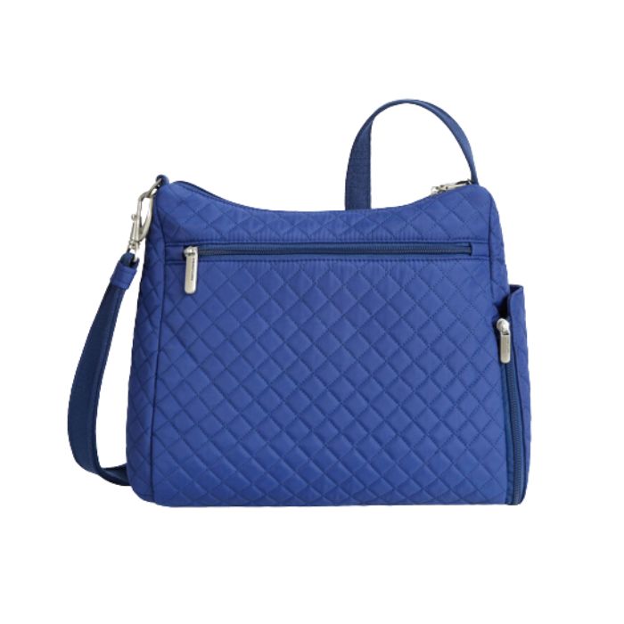 Blue quilted crossbody bag with horizontal zipper on rear exterior. 