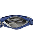 Inside view blue quilted Travelon crossbody bag.