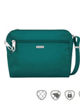 Small teal crossbody bag with silver Travelon logo in center below full length zipper.