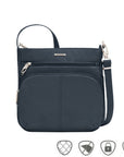 Navy crossbody bag with front pouch as well as mini slip zipper pocket