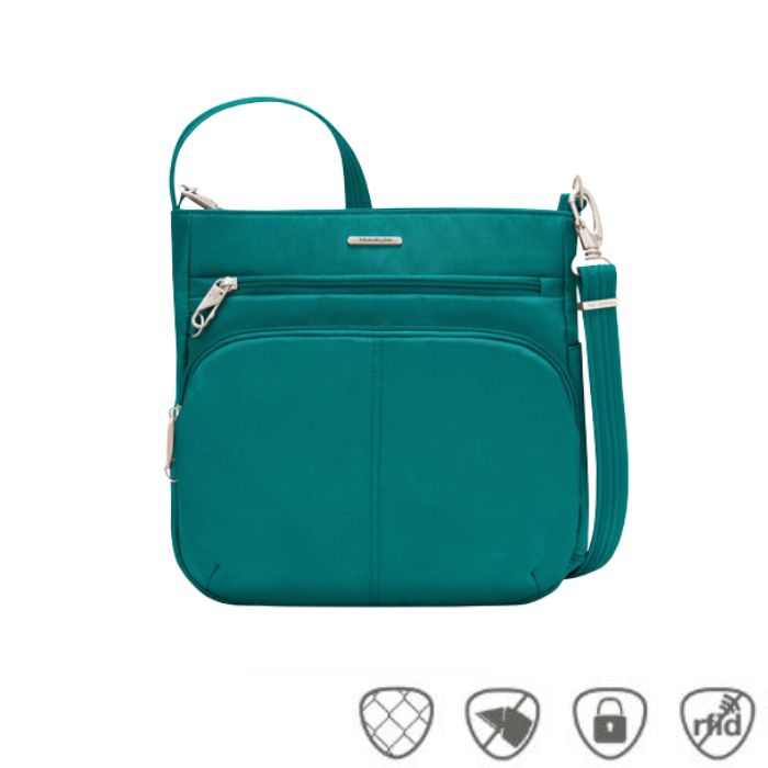 Teal crossbody bag with front pouch as well as mini slip zipper pocket