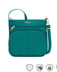 Teal crossbody bag with front pouch as well as mini slip zipper pocket
