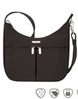 Black hobo style bag with gather in middle and front zipper