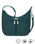 Teal hobo style bag with gather in middle and front zipper