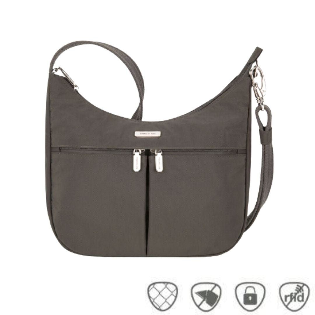 Grey hobo style bag with gather in middle and front zipper