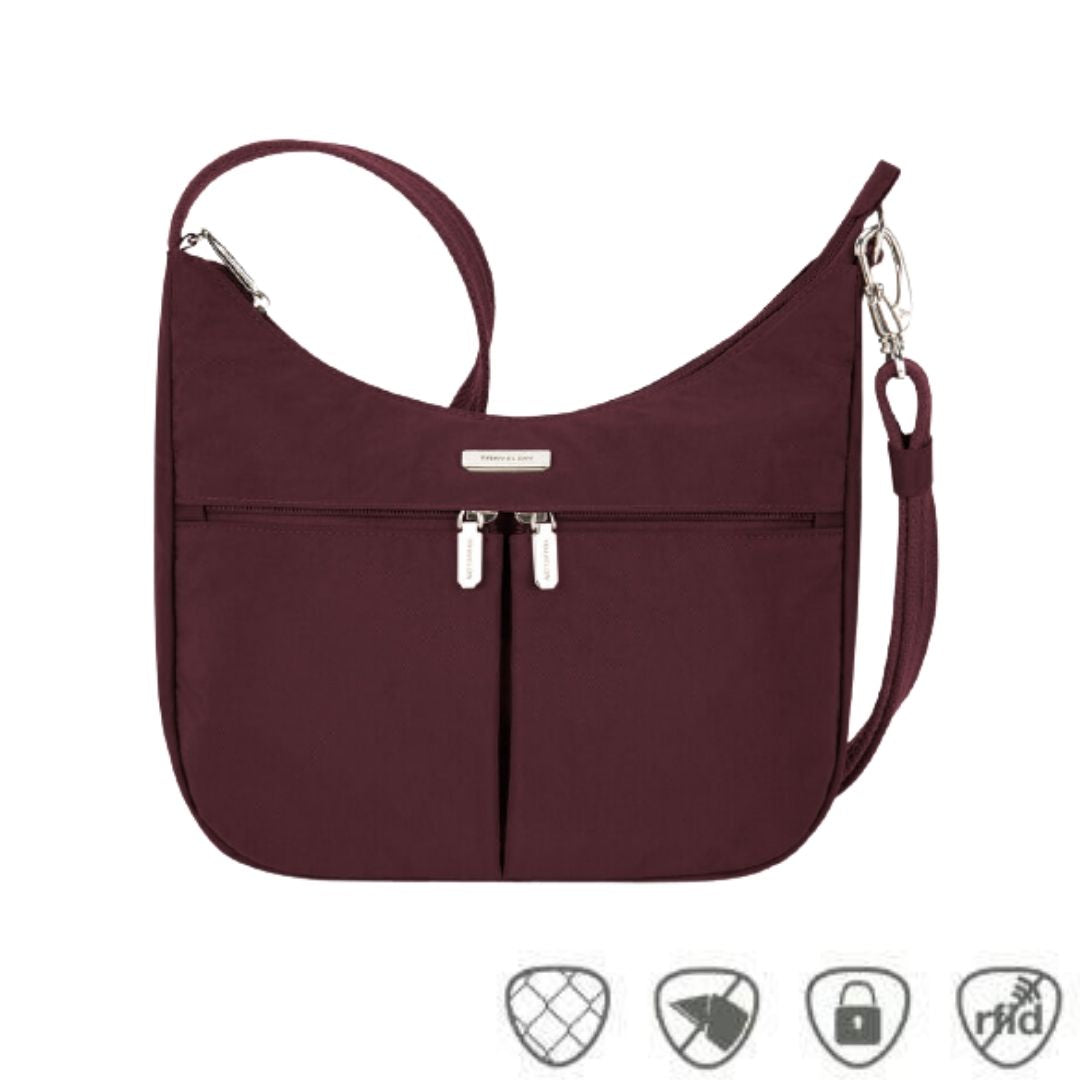 Burgundy hobo style bag with gather in middle and front zipper