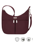 Burgundy hobo style bag with gather in middle and front zipper