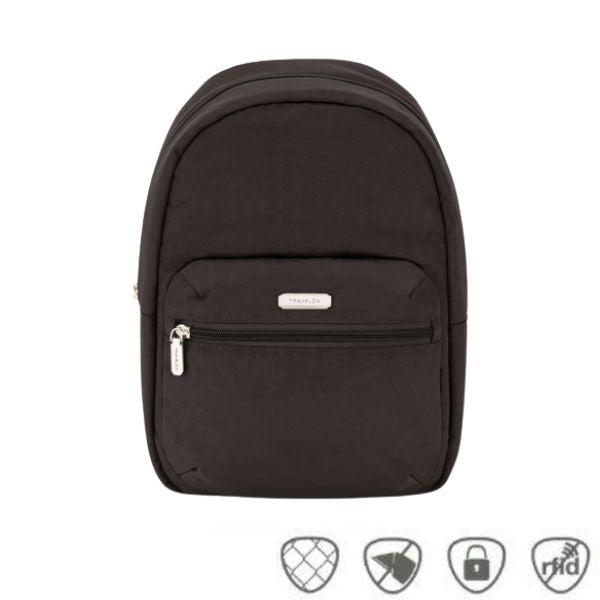 Slim black backpack with front zippered pocket. Silver Travelon logo on front pouch.