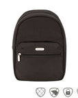 Slim black backpack with front zippered pocket. Silver Travelon logo on front pouch.