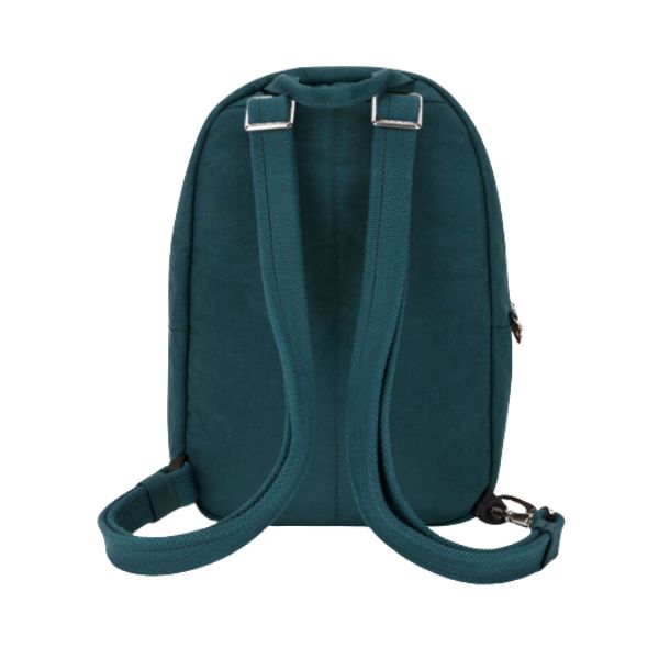 Back view of teal Travelon backpack with two adjustable straps with silver buckles.