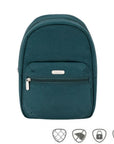 Slim teal backpack with front zippered pocket. Silver Travelon logo on front pouch.