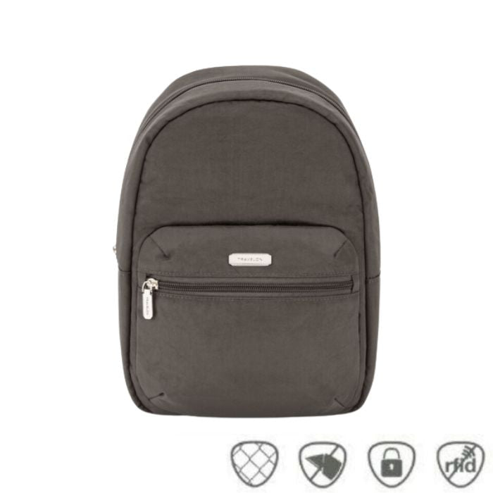 Slim grey backpack with front zippered pocket. Silver Travelon logo on front pouch.