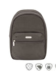 Slim grey backpack with front zippered pocket. Silver Travelon logo on front pouch.