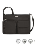 Black crossbody bag with front zippered pouch, flap pocket and full length zippered pocket.