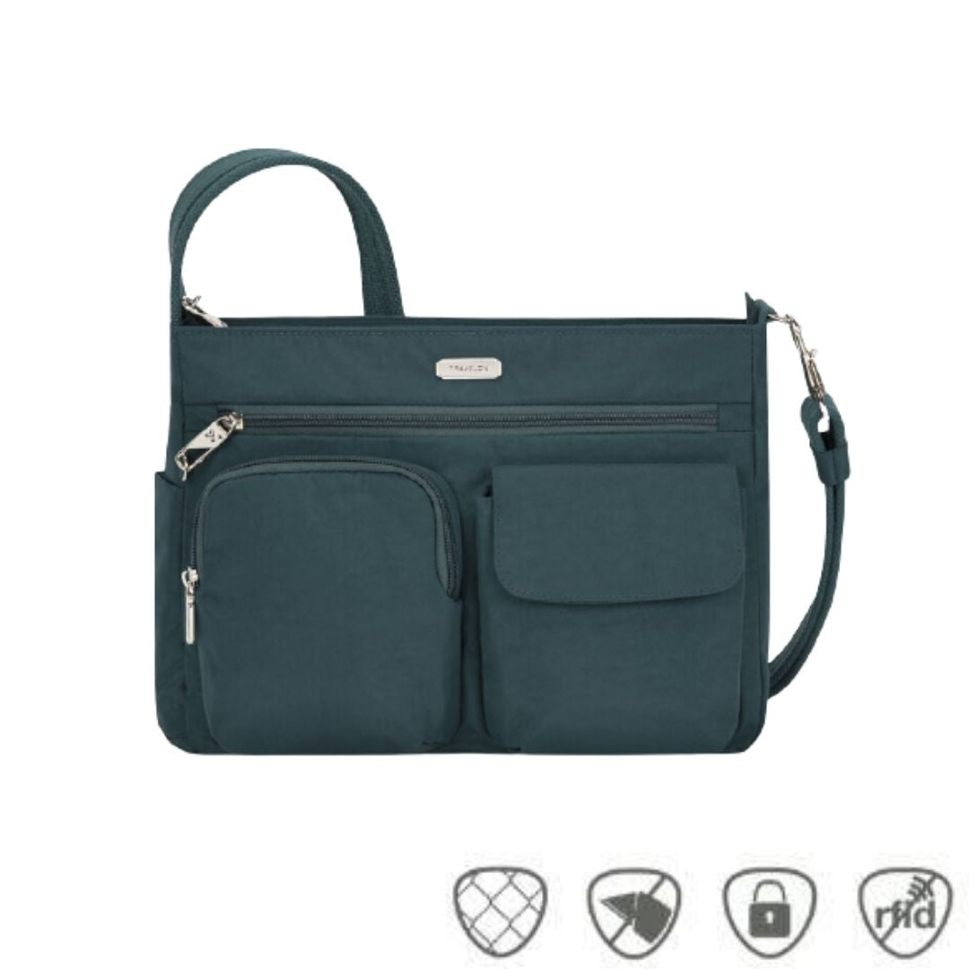 Teal crossbody bag with front zippered pouch, flap pocket and full length zippered pocket.