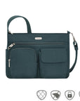 Teal crossbody bag with front zippered pouch, flap pocket and full length zippered pocket.