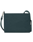 Back view of teal crossbody bag with ziper hardware