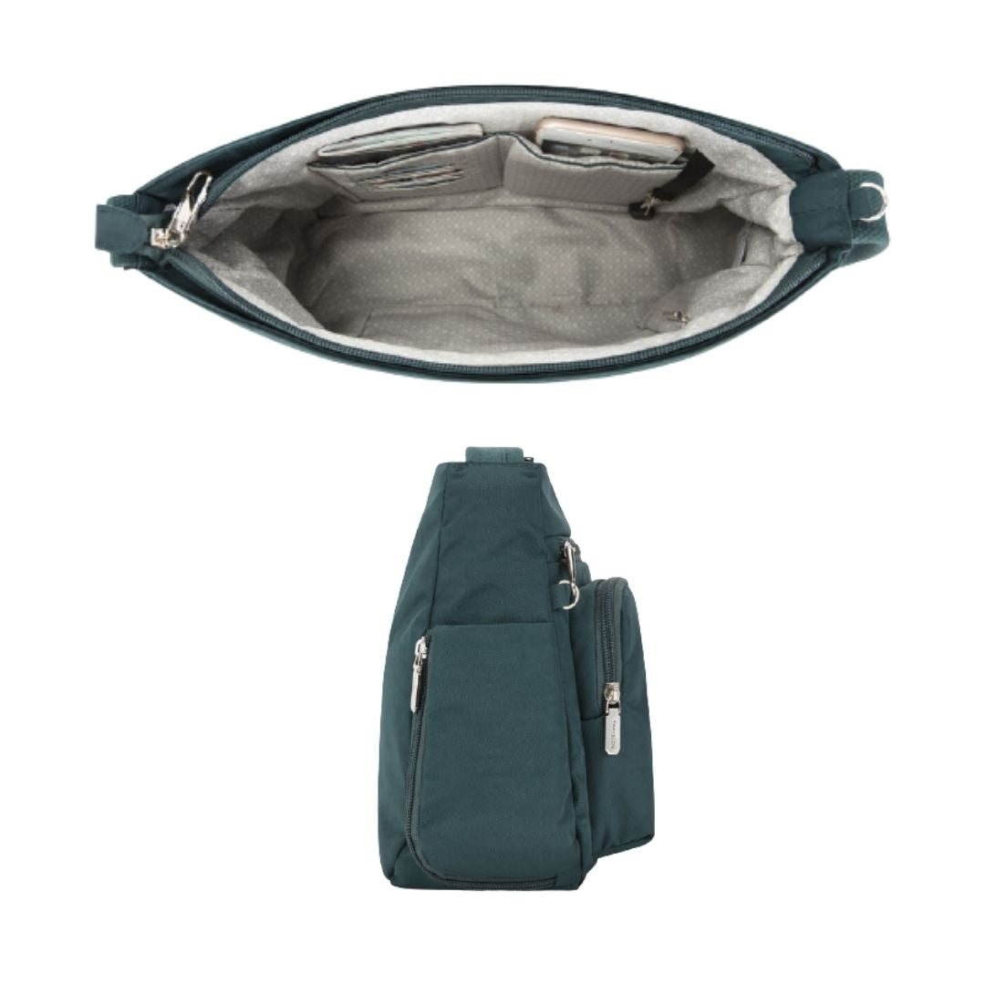Inside and side view of the Travelon Anti-Theft Essentials crossbody bag.