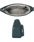 Inside and side view of the Travelon Anti-Theft Essentials crossbody bag.