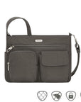 Grey crossbody bag with front zippered pouch, flap pocket and full length zippered pocket.