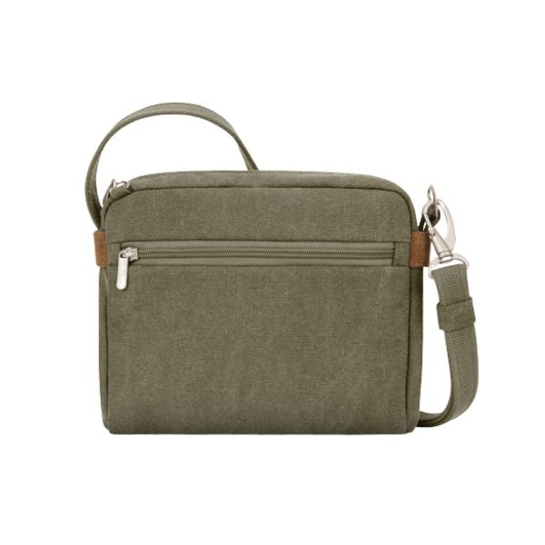 Olive green canvas crossbody bag with horizontal zipper on back exterior.