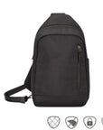 Black sling backpack with front zipper by Travelon.