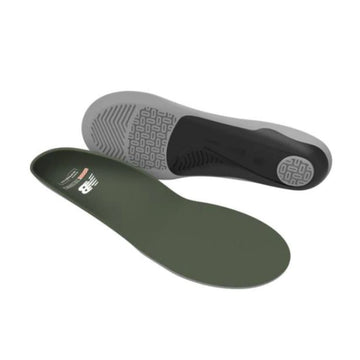 Unisex New Balance insoles show one green footbed flat and other on side showing thick grey and blackbottom (by Superfeet)
