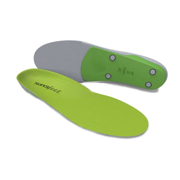 Premium wide Green insole by Superfeet has lime green line pattern footbed and thick green and grey bottom