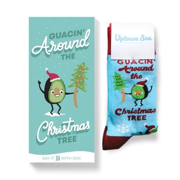 Card box and socks from Uptown Sox featuring Guacin&#39; Around The Chritmas Tree.
