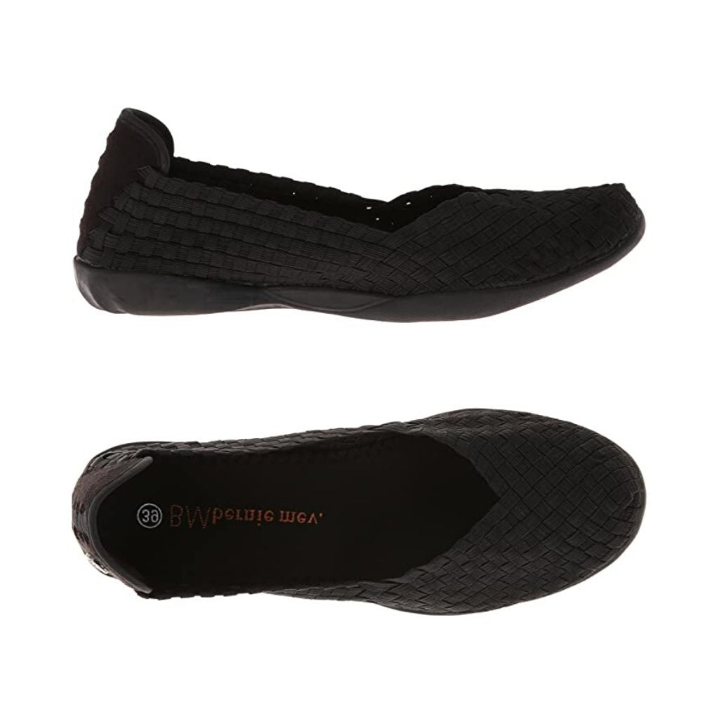 The Catwalk flat by Bernie Mev top view shows a black footbed and rounded toe and side view shows woven fabric upper