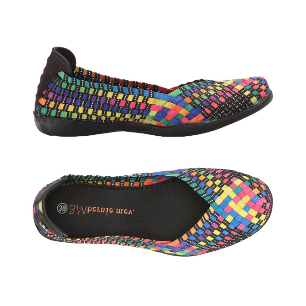 The Catwalk flat by Bernie Mev top view shows a black footbed and rounded toe and side view shows rainbow woven fabric upper