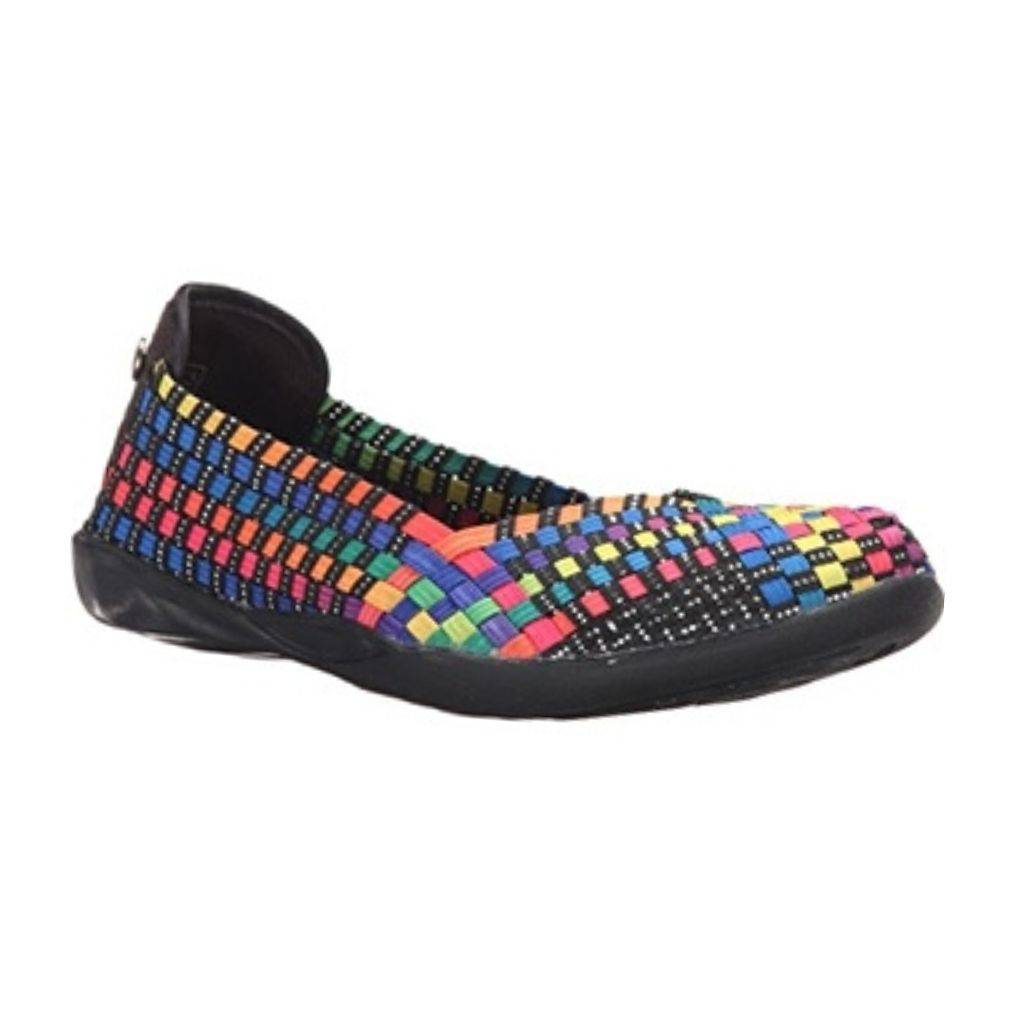 Rainbow colours woven fabric upper called Catwalk flat by Bernie MevBlack outsole on the Bernie Mev Cat Walk Flat