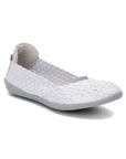 White woven elastic ballerina flat with grey outsole.